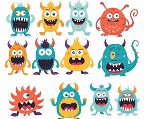 Poster - A set of cartoon kawaii funny boo characters. Cute face with teeth, horns, eyes, and hands. Childish baby collection. White background. Flat design.