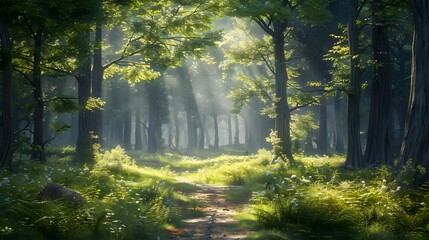 Wall Mural - A peaceful forest with tall trees and sunlight filtering through the leaves, creating an enchanting path that leads to a hidden clearing wildlife is visible in their natural habitat.