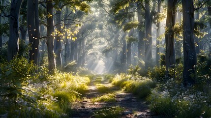 Wall Mural - A peaceful forest with tall trees and sunlight filtering through the leaves, creating an enchanting path that leads to a hidden clearing wildlife is visible in their natural habitat.