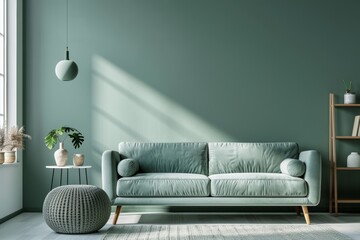 Immerse yourself in the simplicity and sophistication of Scandinavian decor with a sofa and knitted pouf against a muted green wall and minimalist shelving unit.