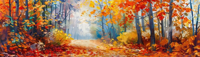 Wall Mural - Landscape painting of an autumn forest with fallen leaves, in oil