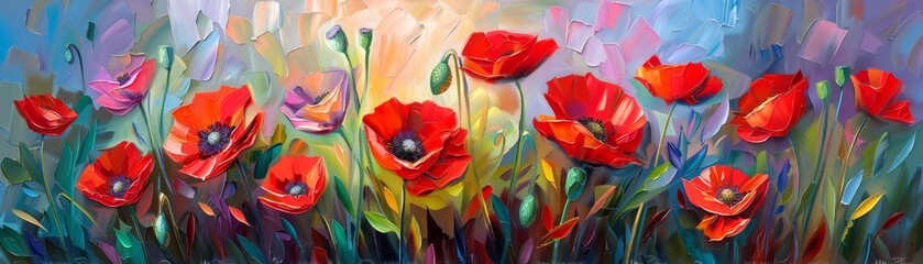 Wall Mural - Oil paintings of flowers, red poppies, landscape impressionism artwork