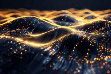 Wall Mural - In this rendering, an abstract wave is modeled on a dark background. Particle Network Design. Big Data. An abstract bright shine is created in black space. 3D rendering.