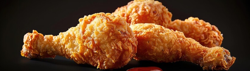 Wall Mural - Close-up of three crispy fried chicken drumsticks, golden and crunchy, on a dark background, perfect for food and restaurant promotions.