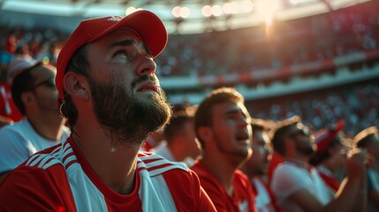 Wall Mural - Men soccer fans in red and white crying on the stadium because their team lost. Summer time