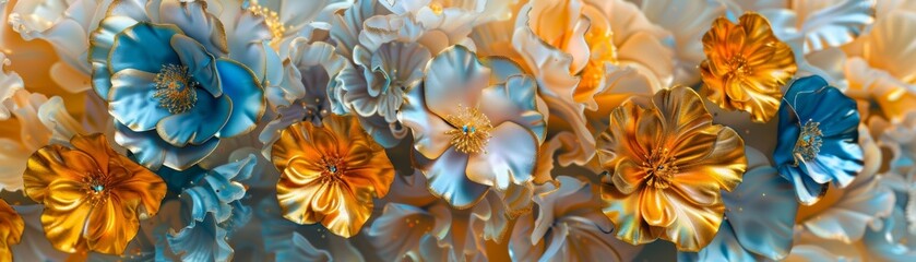 A 3D wallpaper with gold and blue flowers isolated on a transparent background.