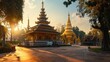 © kitipol - Thai-style golden temple captured at sunrise, with the early morning light emphasizing the temple's elegance and the peaceful atmosphere.