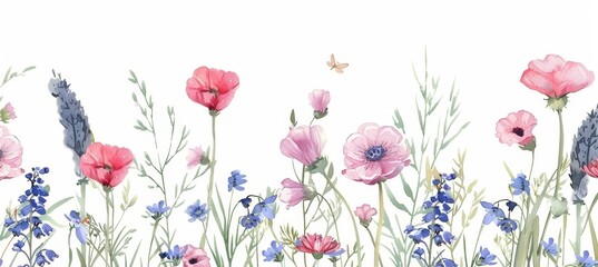 Wall Mural - Stock illustration of a floral seamless pattern with cute watercolor hand drawn abstract wild flowers in the background.