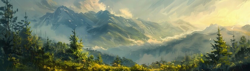 Mountain summer, clouds, vegetation, oil painting