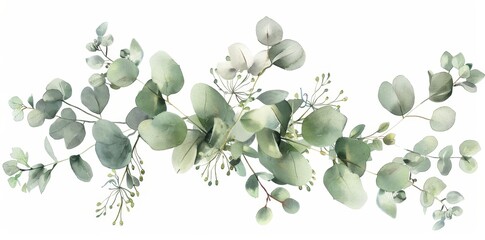 For wedding invitations, anniversary, birthday, prints, posters, watercolour floral illustration set. White flowers, green leaves, eucalyptus, chamomile. Each element is an individual element