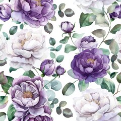 Wall Mural - Violet purple blue flowers elements, green leaves branches on white background; use as wrappers, wallpaper, postcards, prints, cards, invitations.