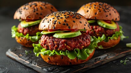 Canvas Print - A vibrant and mouthwatering photograph of plant-based thriller burgers, featuring red sweet potato and melting avocado slices on top.