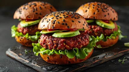 Wall Mural - A vibrant and mouthwatering photograph of plant-based thriller burgers, featuring red sweet potato and melting avocado slices on top.