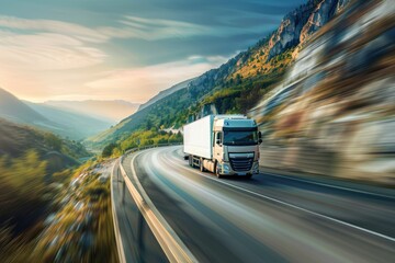 Wall Mural -  truck driving swiftly along a winding mountain road, the motion blur background