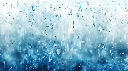 Wall Mural - Raindrops on a window in a watercolor blue background, aqua drops texture of rainwater. Romantic rain weather texture.