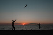 © aaalll3110 - happy family father and child daughter run with kite in the meadow. silhouettes on the background of the sea sunset. High quality photo.