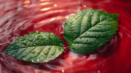 Fresh mint leaves floating in red water. Creative photography of menthol products. Green leaf with water drops. Rainy weather, nature and tea concept