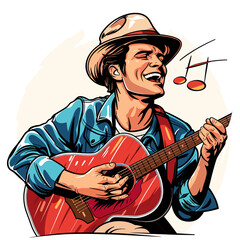 Vector illustration of a man playing the guitar. Pop art retro style.