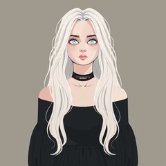 Wall Mural - Face of a young girl with long white hair and blue eyes. Young woman with earrings, necklaces, front view. Avatar for social networks. Icon design. Violet background.