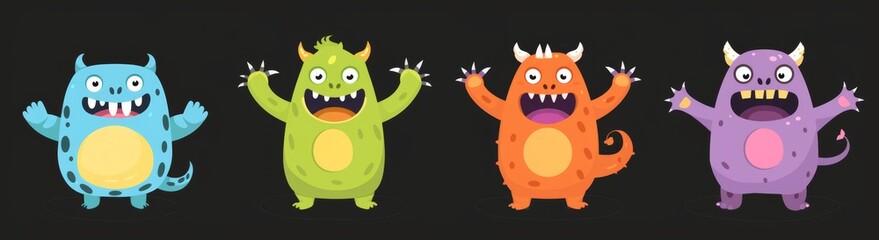 Poster - Colorful silhouette monsters. Different faces. Teeth, horns, eyes. Kawaii style cartoon character. Childish style Flat design Modern backround.