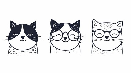 Wall Mural - An adorable cat set. Sitting kitten in glasses, sleeping, happy kitty. Kawaii smiling doodle animal. Cartoon baby pet character. Flat design. White background.