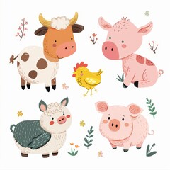 Wall Mural - Set of farm animals. Cow, sheep, pig, hen, chicken, egg icon. Cartoon kawaii funny baby character. Nursery decoration. Kids education. Flat design. White background. Isolated.