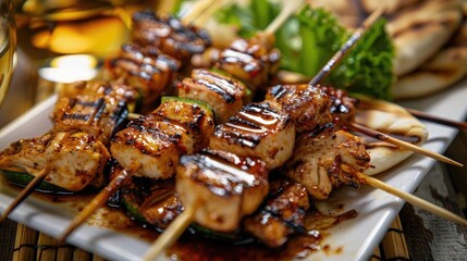 Delicious grilled chicken skewers with vegetables on a white plate, perfect for a summer BBQ or healthy dinner option.