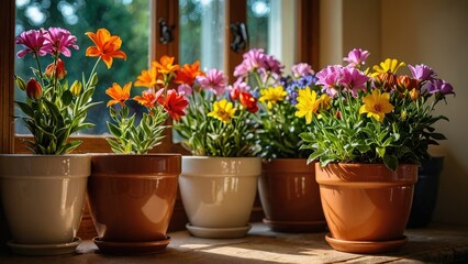 Poster - Colorful Flowers in Pots on Windowsill.