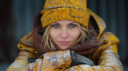 Wall Mural - A woman in a yellow hat and scarf is posing for a picture