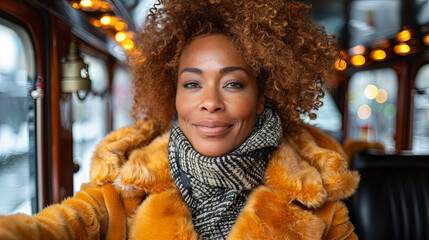 Wall Mural - A woman with curly hair is smiling and wearing a fur coat