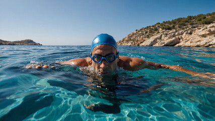 Wall Mural - Swimmer in crystal clear Mediterranean water.