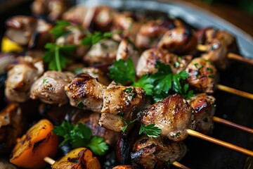 Wall Mural - Close-up of grilled tasty chicken skewers with vegetables on skewers, garnished with fresh parsley, perfect for a summer barbecue.