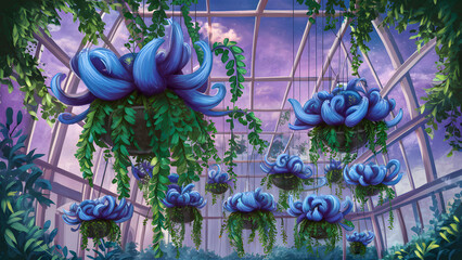 Wall Mural - A hanging plant with blue flowers in a pot