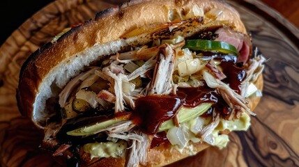 Wall Mural - Delicious pulled pork sandwich with BBQ sauce, pickles, and onions on a wooden board, perfect for food lovers and BBQ enthusiasts.