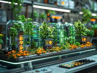 Poster - Cutting edge Green Tech Incubator with Holographic Displays Showcasing Renewable Energy Innovations