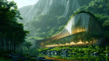 Poster - Futuristic Net Zero Energy Business Accelerator with Curved Glass Facades Reflecting Verdant