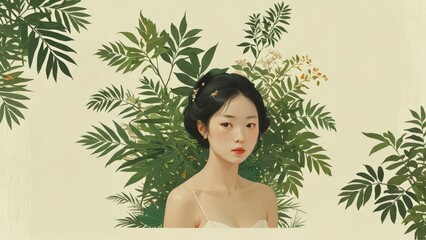 Canvas Print - Woman with Green Leaves.