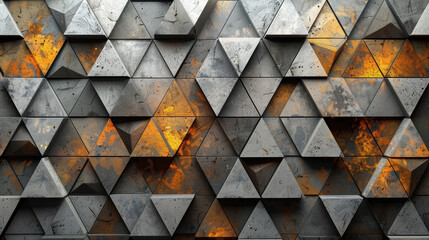 Wall Mural - A geometric pattern of triangles in shades of gray with a yellow light shining from the left.