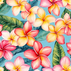 watercolor plumeria flowers in vibrant pinks yellows and whites tropical dream patterns