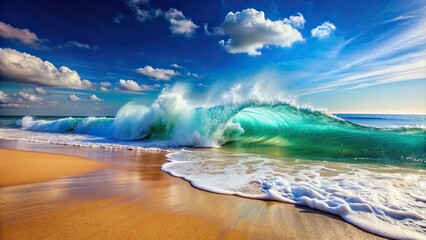Wall Mural - Wave crashing on sandy beach with blue sky in the background, waves, beach, ocean, shore, sand, water, sea, foam, motion
