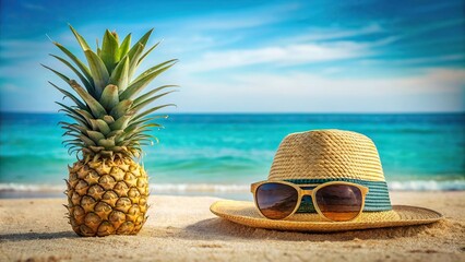 Sticker - A stylish beach ensemble featuring a hat and sunglasses next to a vibrant pineapple, tropical, summer, vacation, exotic