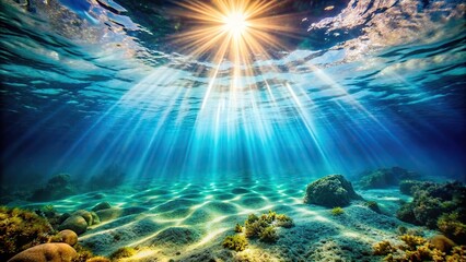 Wall Mural - Sunbeams shining through the water onto a colorful underwater ocean scenery, underwater, ocean, sunbeam
