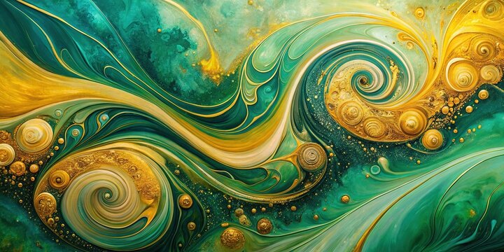 Abstract painting with yellow gold swirls and green accents , abstract, painting, yellow, gold, swirls, green, modern