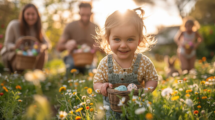 Wall Mural - Cute little girl with her family on Easter egg hunt in the garden