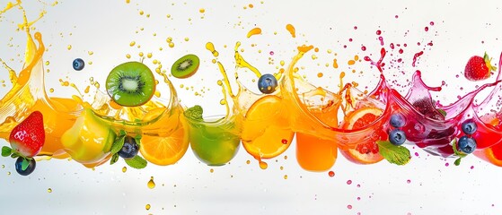 Colorful fruit splash with kiwi, orange, strawberry and blueberry.