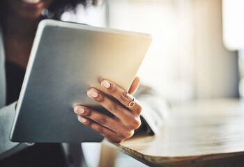 Poster - Hands, employee and woman with tablet, connection and email notification with online reading. Closeup, person and consultant with tech, creative agency and social media with internet and digital app