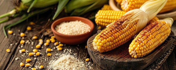 Wall Mural - Close-up of fresh corn on the cob with kernels and cornmeal on wooden table, showcasing an organic harvest still life.