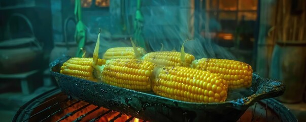 Wall Mural - Fresh corn cobs roasting on the grill, with smoke rising, creating a delicious and inviting atmosphere in a rustic kitchen.