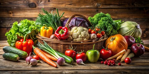 Wall Mural - Fresh vegetables displayed on a rustic wooden table , organic, healthy, farm fresh, natural, colorful, vibrant