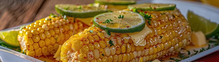 Wall Mural - Delicious grilled corn on the cob garnished with lime slices and herbs, perfect for a summer barbecue or outdoor picnic.